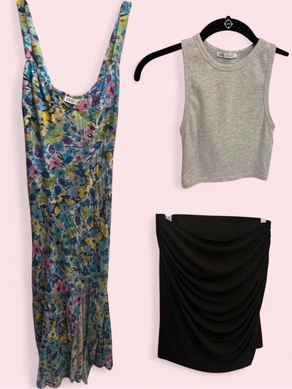 Zara Multicolor Floral Slip Dress, Gray Crop Tank Top, Black Mini Ruffled Skirt